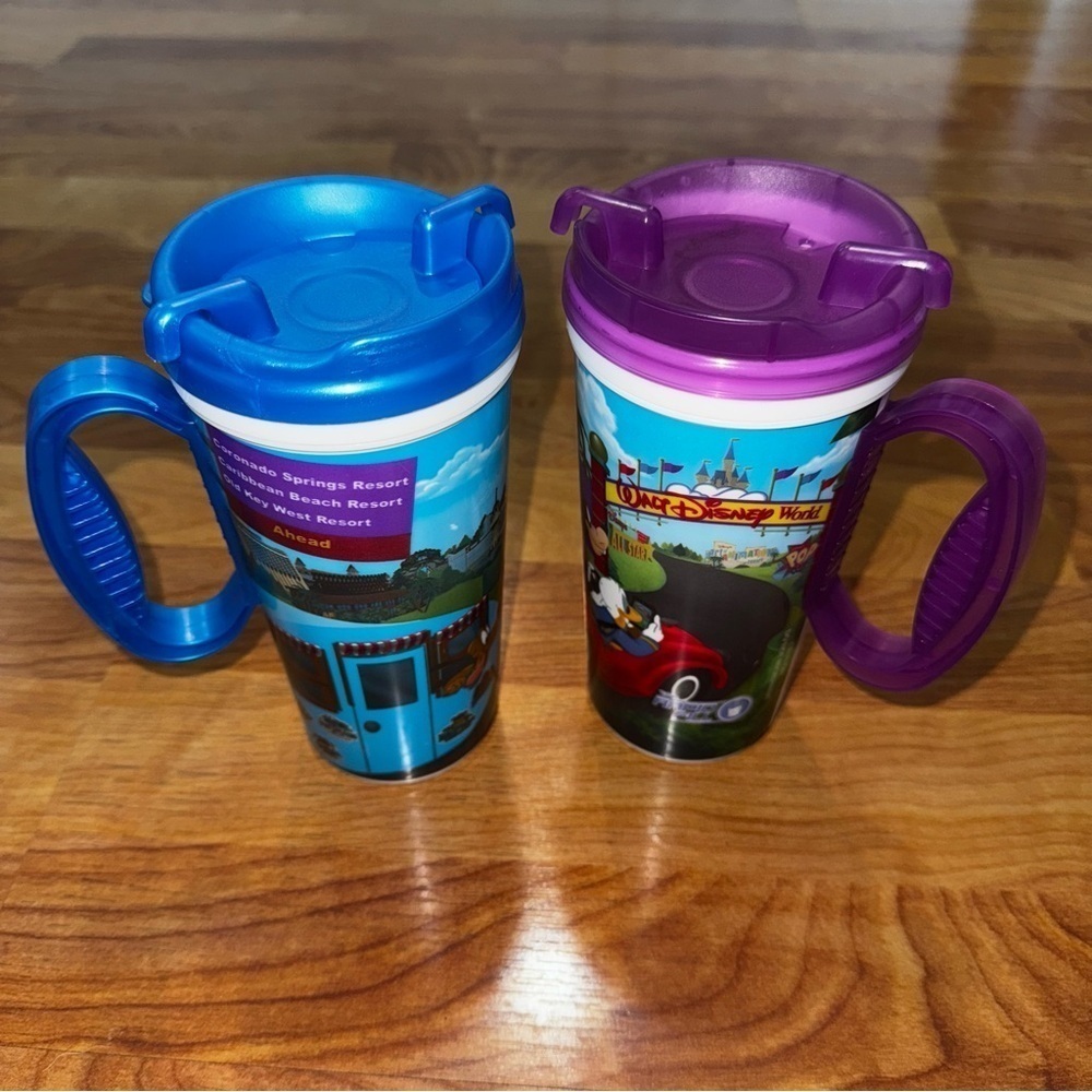 Disney World Resort Parks Rapid Fill Refillable Cups, Travel Lids, Blue & Purple